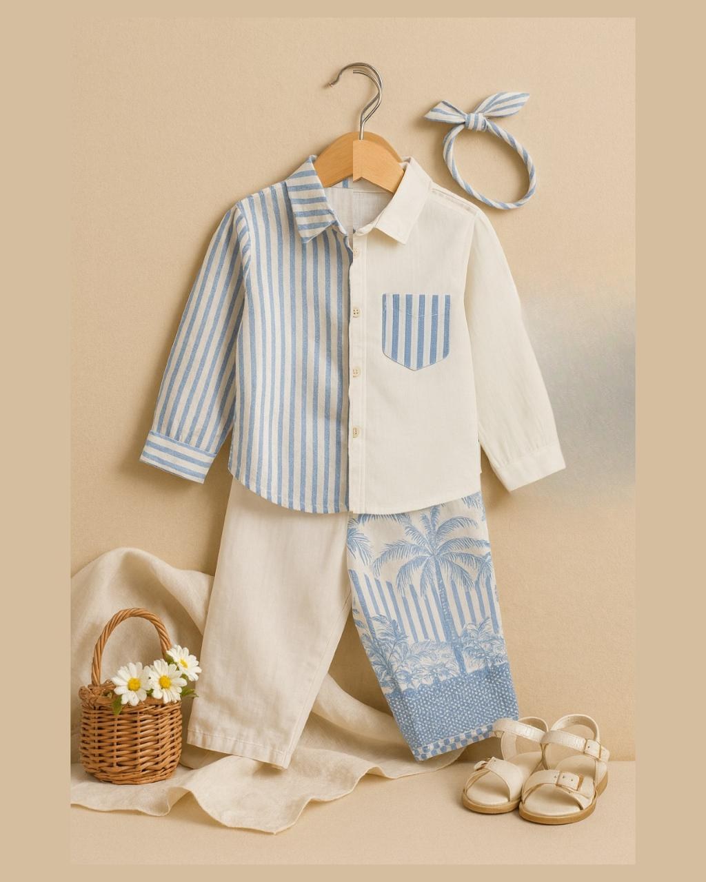 Blue Stripe & Palm Print Co-ord Set for Kids