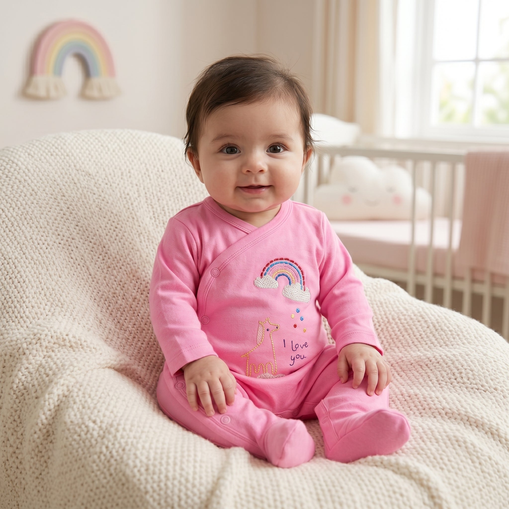 Pink Rainbow Giraffe Print Baby Romper