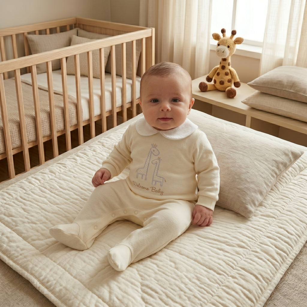 Cream Giraffe Embroidery Collar Baby Romper