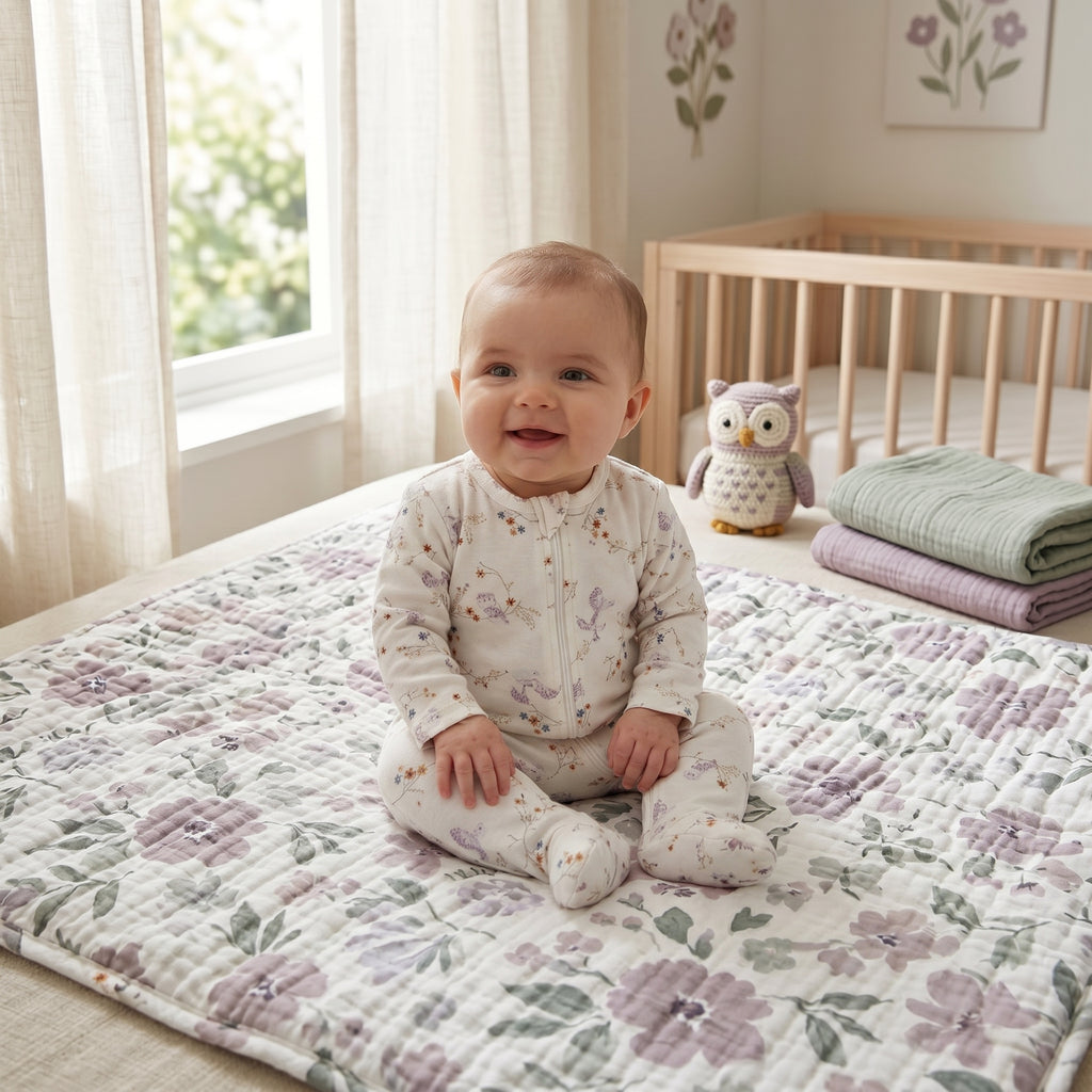 White Floral Bird Print Zipper Baby Romper