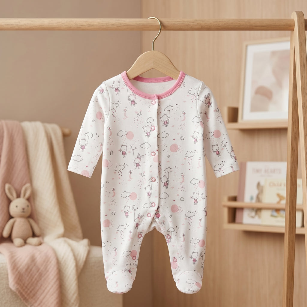Pink Bunny Print Full Sleeve Baby Romper
