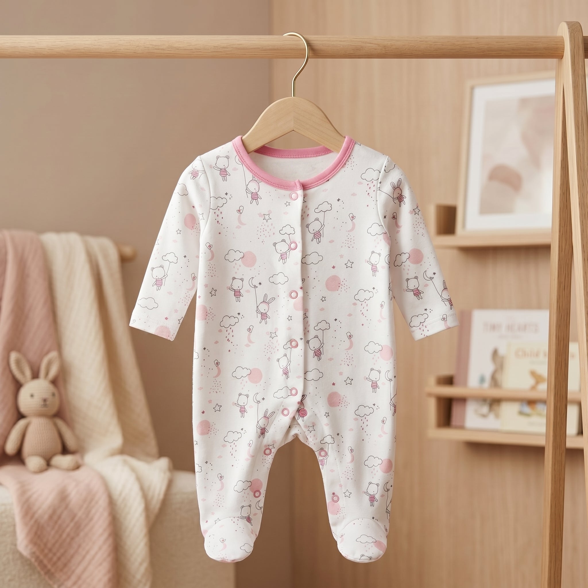Pink Bunny Print Full Sleeve Baby Romper